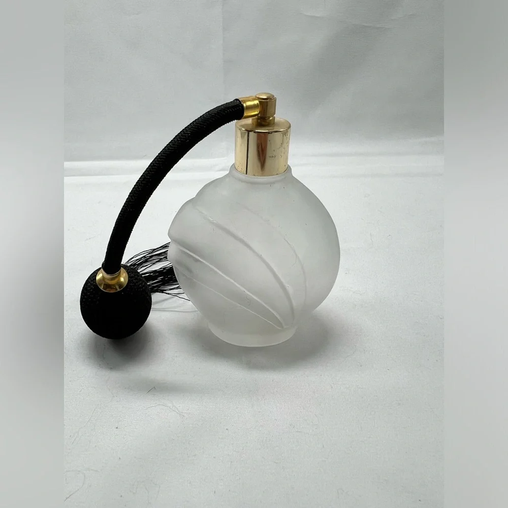 Vintage Frosted Swirl Glass with Black Pump Atomizer & Gold Accents (empty)